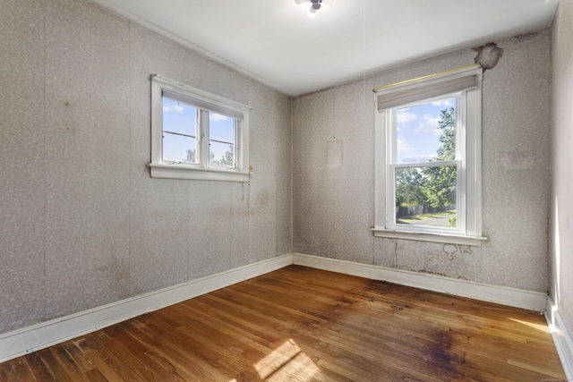 spare room with baseboards and hardwood / wood-style flooring