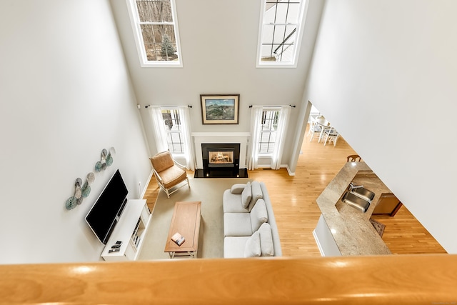 living area with wood finished floors, a fireplace with flush hearth, and a high ceiling