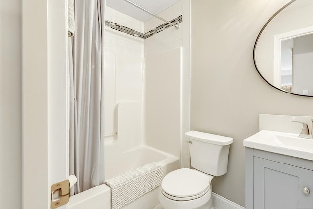 full bathroom with toilet, shower / tub combo with curtain, and vanity