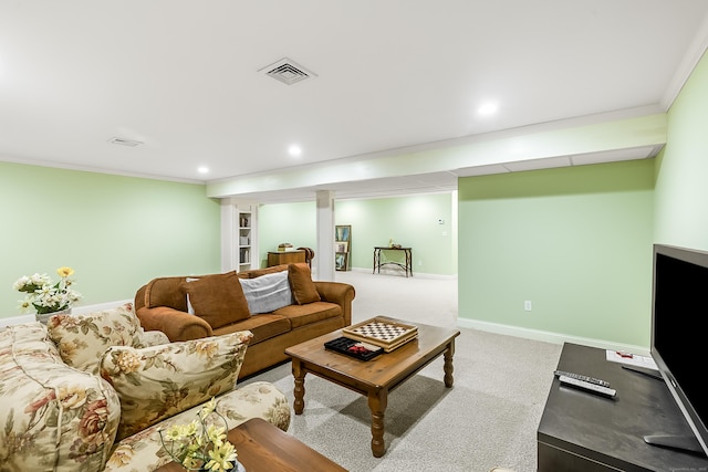 carpeted living area with ornamental molding, recessed lighting, visible vents, and baseboards