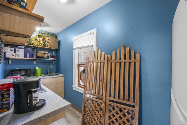 bar featuring wet bar, baseboards, light wood-type flooring, and a sink