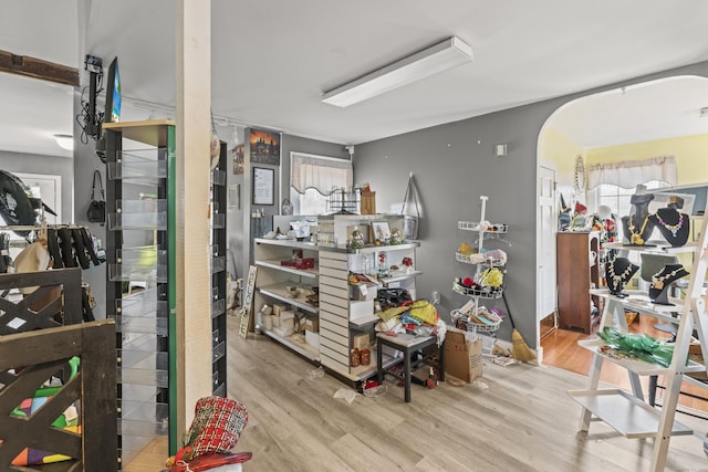 miscellaneous room featuring arched walkways, a healthy amount of sunlight, and wood finished floors