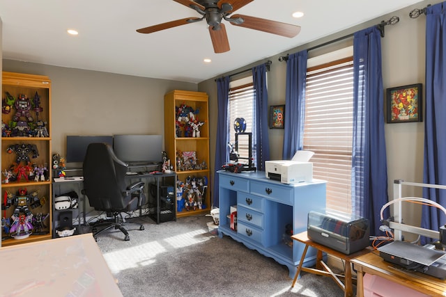 home office with a ceiling fan, carpet flooring, and recessed lighting