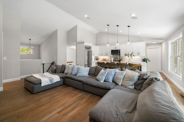 living room with baseboards, a healthy amount of sunlight, and wood finished floors