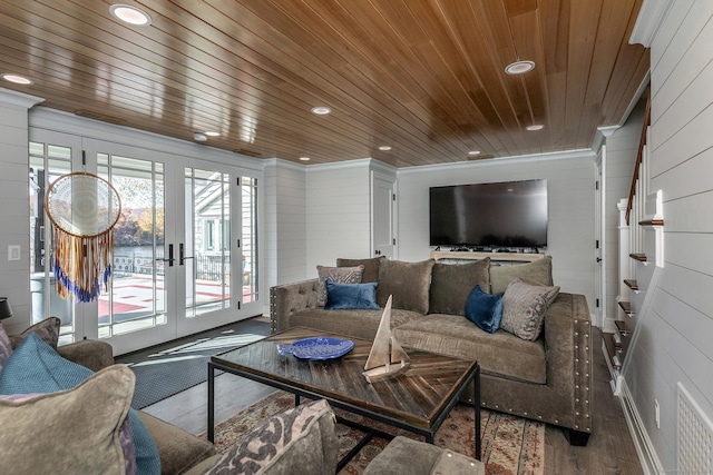 52 S Lake Shore Dr, Brookfield, CT 06804 - living room featuring french doors, recessed lighting, wood finished floors, wooden ceiling, and ornamental molding