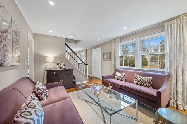24 Laforge Rd, Darien, CT 06820 - living room with stairs, wood finished floors, recessed lighting, and ornamental molding