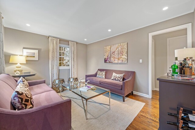 24 Laforge Rd, Darien, CT 06820 - living room with wood finished floors, recessed lighting, and ornamental molding