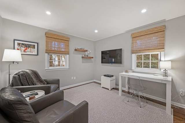 24 Laforge Rd, Darien, CT 06820 - living room with recessed lighting, a desk, and ornamental molding