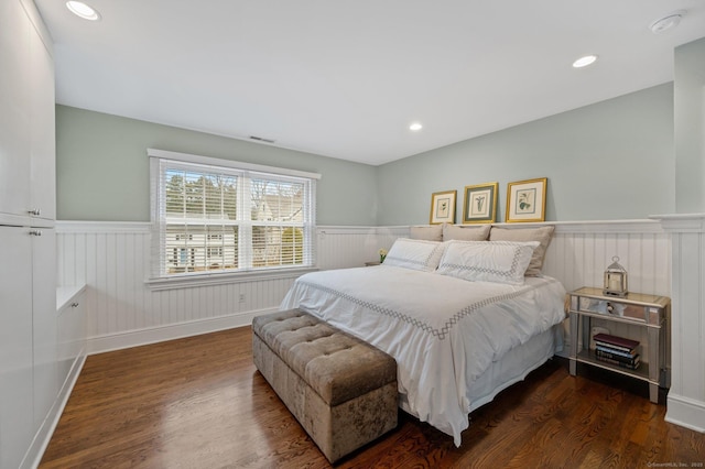 24 Laforge Rd, Darien, CT 06820 - bedroom with a wainscoted wall, dark wood finished floors, and recessed lighting