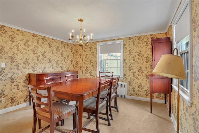 dining room with radiator, wallpapered walls, baseboards, and carpet floors