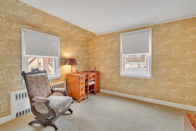 sitting room with wallpapered walls, radiator, carpet, and baseboards