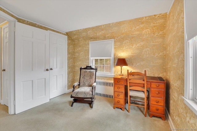 carpeted office space with radiator and wallpapered walls