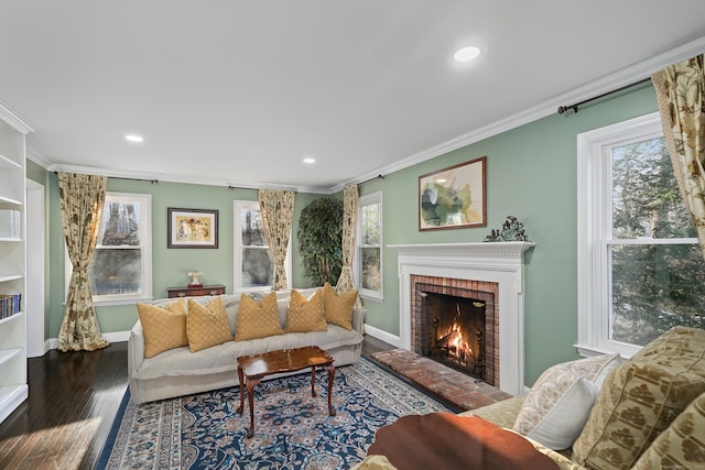 living room featuring a fireplace, wood finished floors, a wealth of natural light, and crown molding