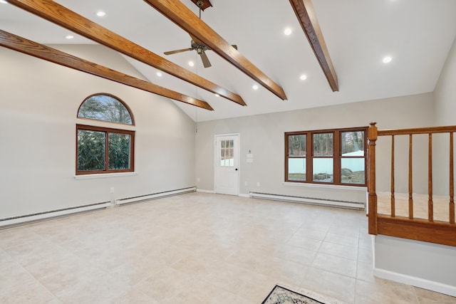 empty room featuring beamed ceiling, a baseboard radiator, and a ceiling fan