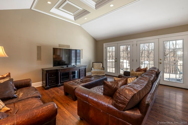 living area featuring high vaulted ceiling, wood finished floors, recessed lighting, french doors, and baseboards