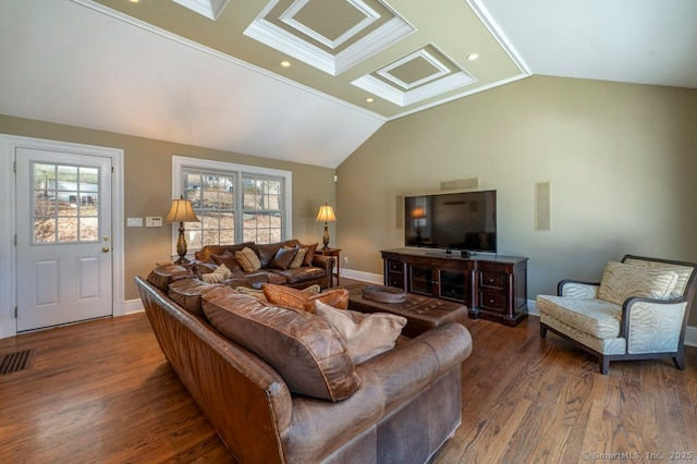 living room with lofted ceiling, wood finished floors, visible vents, and baseboards