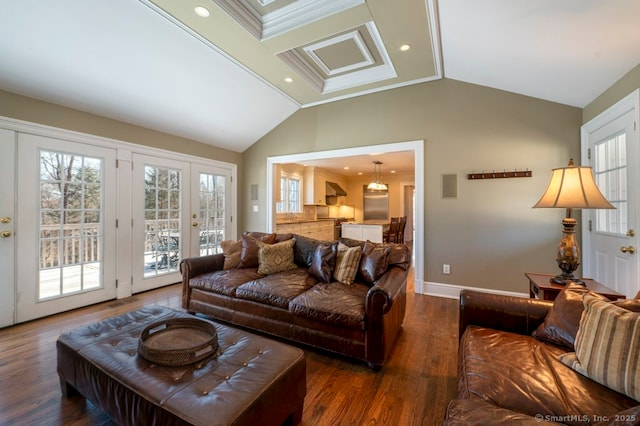 living area with recessed lighting, baseboards, lofted ceiling, and wood finished floors