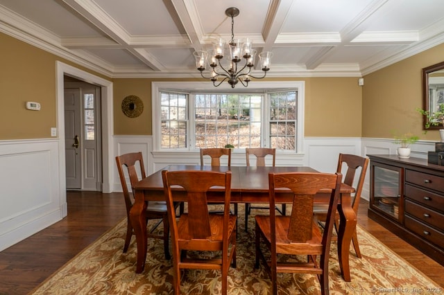 dining room with a wainscoted wall, beam ceiling, and wood finished floors