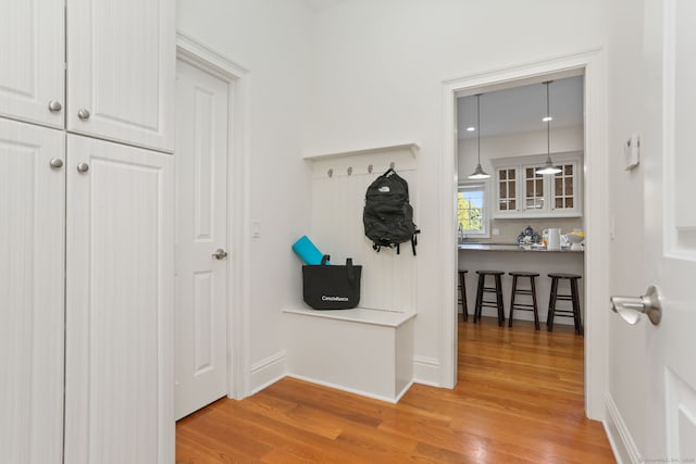 mudroom with light wood-type flooring and baseboards