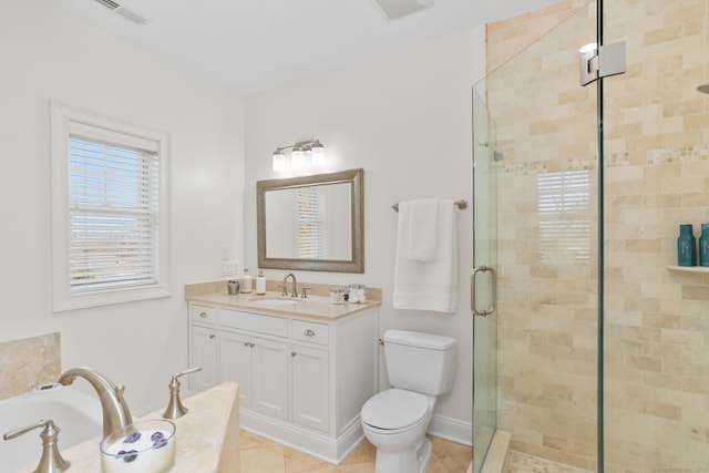 full bathroom featuring vanity, a bath, visible vents, a shower stall, and toilet