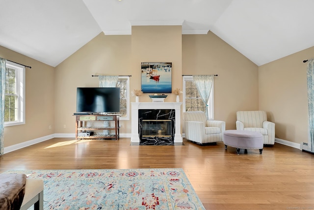 living area with a fireplace, baseboards, and wood finished floors