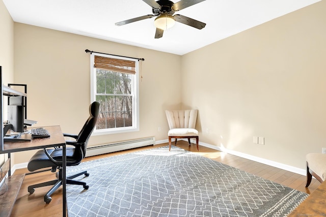 office featuring wood finished floors, baseboards, and a baseboard radiator