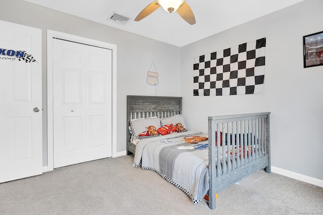 bedroom with visible vents, ceiling fan, baseboards, and carpet floors