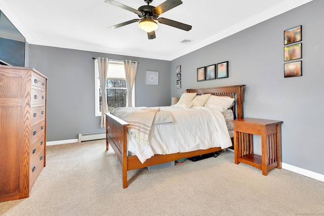 bedroom with visible vents, carpet floors, crown molding, baseboards, and baseboard heating