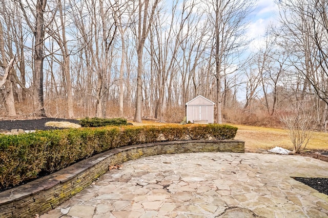 view of patio / terrace featuring a storage shed and an outdoor structure