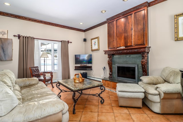 living room featuring a baseboard heating unit, crown molding, recessed lighting, and a fireplace