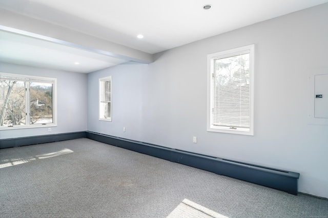 38 N Lake Shore Dr, Brookfield, CT 06804 - carpeted empty room featuring electric panel, a baseboard heating unit, recessed lighting, and baseboards