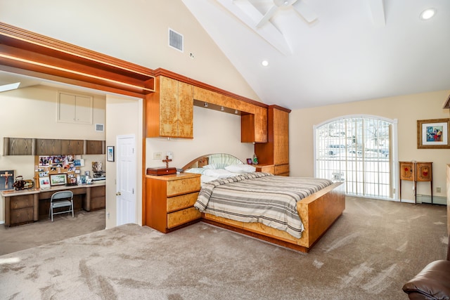 carpeted bedroom featuring recessed lighting, visible vents, high vaulted ceiling, and a baseboard radiator