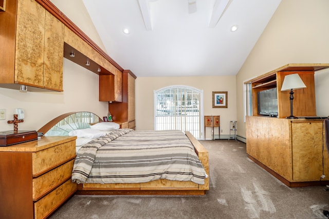 carpeted bedroom with recessed lighting, baseboards, and high vaulted ceiling