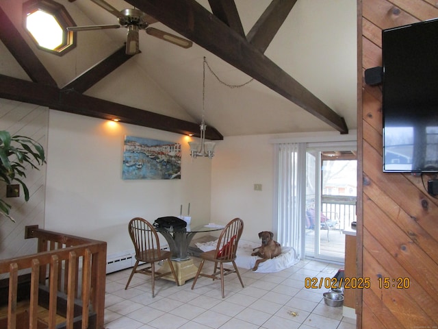 dining room with lofted ceiling with beams, a baseboard heating unit, ceiling fan, and light tile patterned flooring