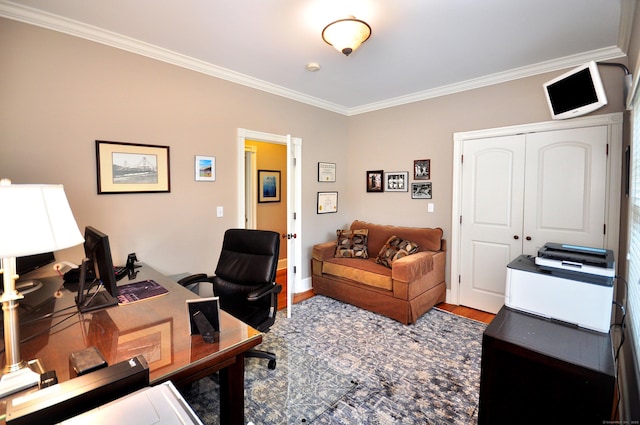 office area featuring wood finished floors and ornamental molding