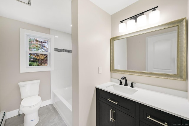 bathroom featuring vanity, baseboards, visible vents, toilet, and baseboard heating