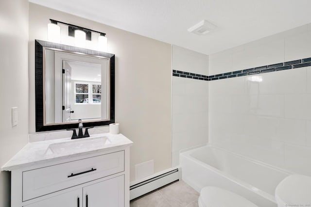 bathroom featuring washtub / shower combination, toilet, baseboard heating, tile patterned floors, and vanity