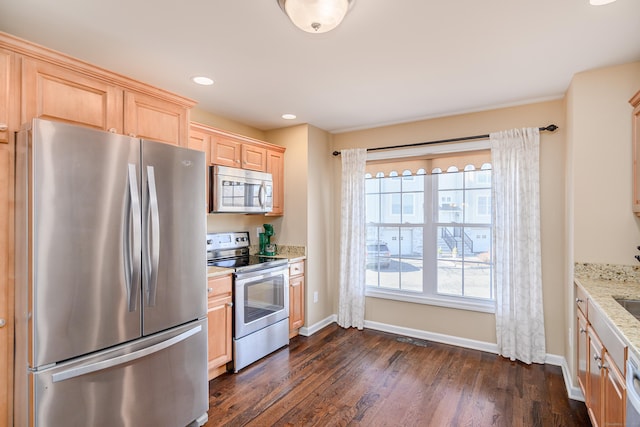 kitchen with light brown cabinetry, dark wood finished floors, stainless steel appliances, and baseboards