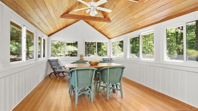 sunroom / solarium with wood ceiling, a ceiling fan, and vaulted ceiling