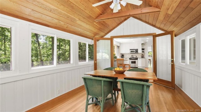 sunroom with lofted ceiling with beams, wooden ceiling, and ceiling fan