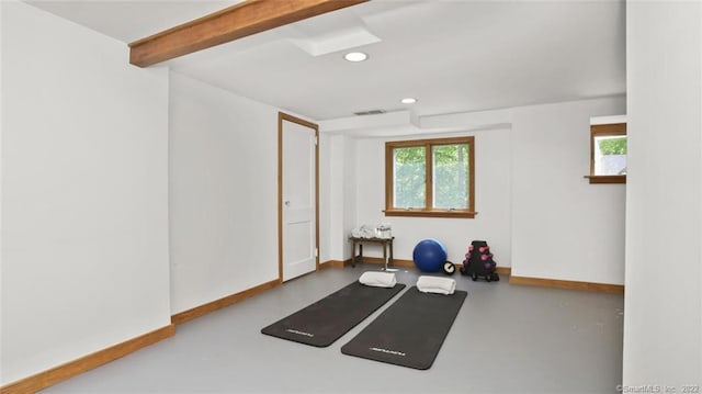 workout area with recessed lighting, baseboards, and a wealth of natural light