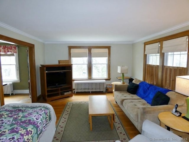 living area featuring wood finished floors, radiator heating unit, and ornamental molding