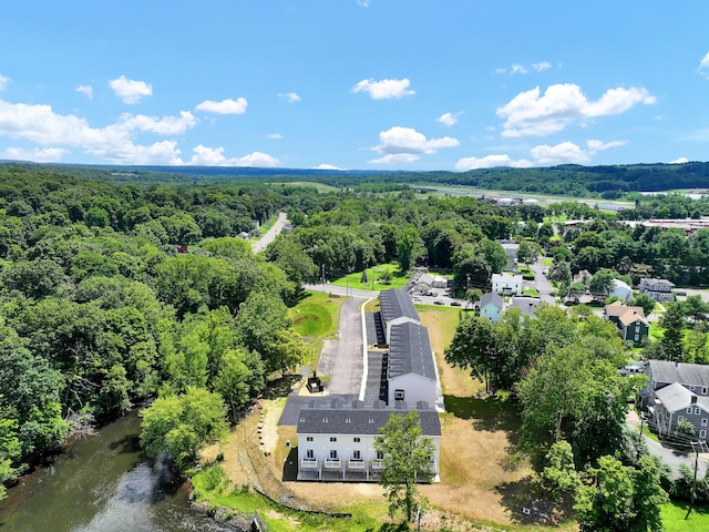 drone / aerial view with a wooded view