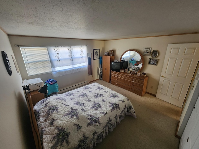 bedroom with carpet, a textured ceiling, a baseboard radiator, and crown molding