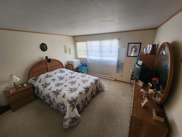 bedroom featuring a baseboard heating unit, ornamental molding, carpet flooring, a textured ceiling, and baseboards