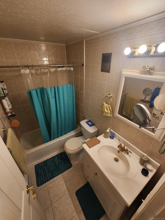 full bathroom featuring tile patterned flooring, a textured ceiling, tile walls, and shower / tub combo with curtain