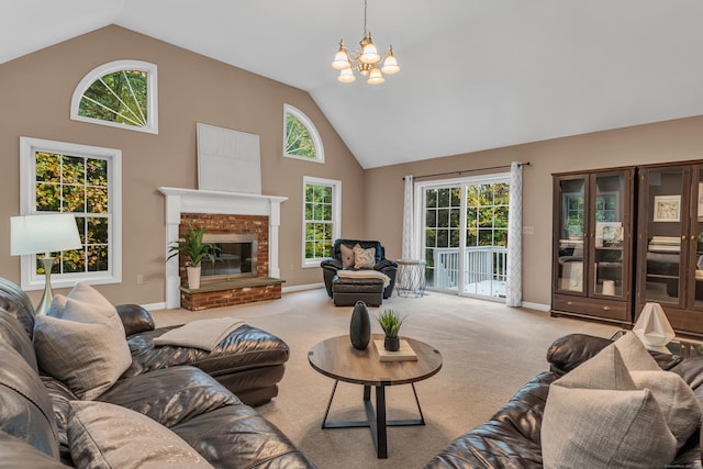 carpeted living room featuring baseboards, high vaulted ceiling, a chandelier, and a fireplace