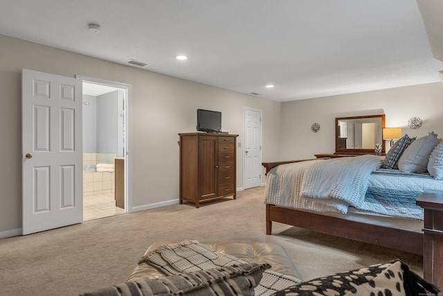 bedroom featuring baseboards, visible vents, ensuite bath, recessed lighting, and light carpet