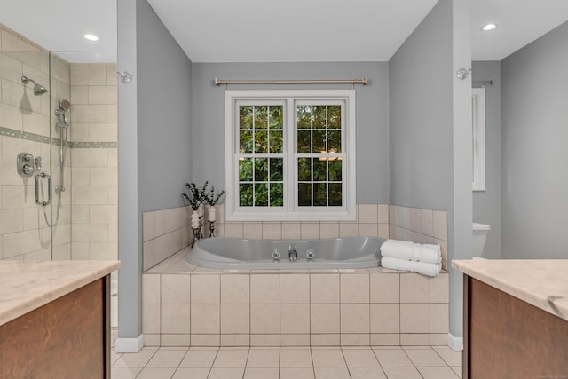 bathroom featuring a tile shower, recessed lighting, tile patterned floors, and a garden tub