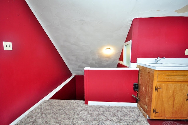 details with a textured ceiling, carpet, baseboards, and a sink